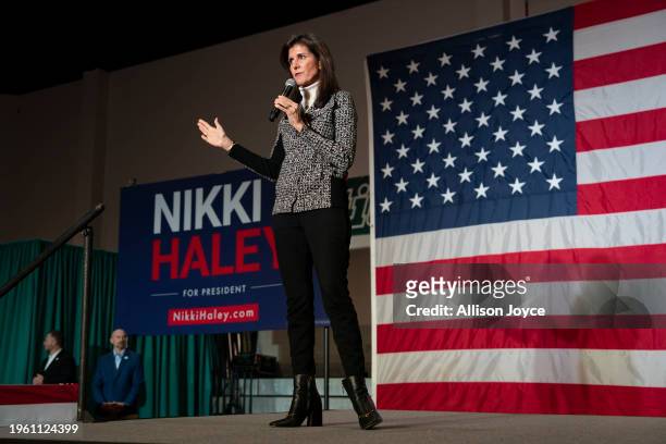Republican presidential hopeful and former UN Ambassador Nikki Haley speaks at a rally on January 28, 2024 in Conway, South Carolina. After her...