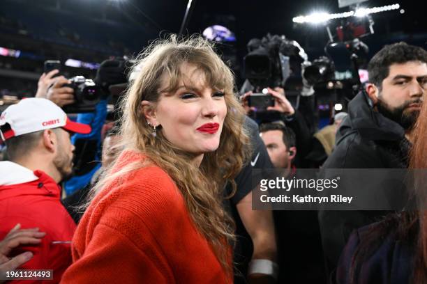 Taylor Swift walks off the field following the AFC Championship between the Kansas City Chiefs and the Baltimore Ravens at M&T Bank Stadium on...
