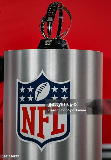 The Lamar Hunt trophy is displayed on the stand following the Kansas City Chiefs game versus the Baltimore Ravens in the AFC Championship Game on...