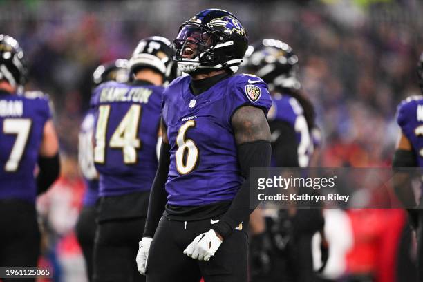 Patrick Queen of the Baltimore Ravens reacts after a defensive stop during the second half of the AFC Championship game against the Kansas City...