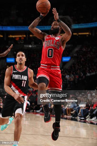 Coby White of the Chicago Bulls shoots the ball during the game against the Portland Trail Blazers on January 28, 2024 at the Moda Center Arena in...