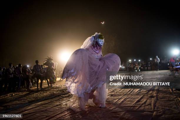 Fairy masquerades dances to drums during the kankurang Festival in Janjanbureh on January 27, 2024. Listed as a UNESCO World Heritage Site since...