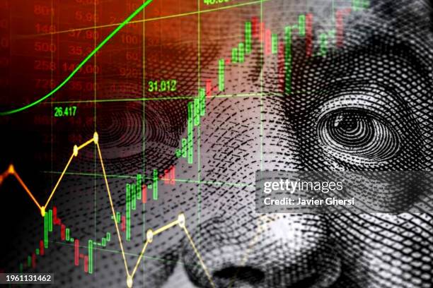 cash dollar bill and stock market indicators - unidade monetária dos estados unidos imagens e fotografias de stock