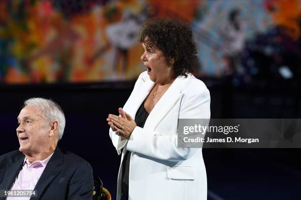 Evonne Goolagong Cawley acknowledges the crowd during a special ceremony on Rod Laver Arena announcing that from 2025 the Australian Open’s annual...