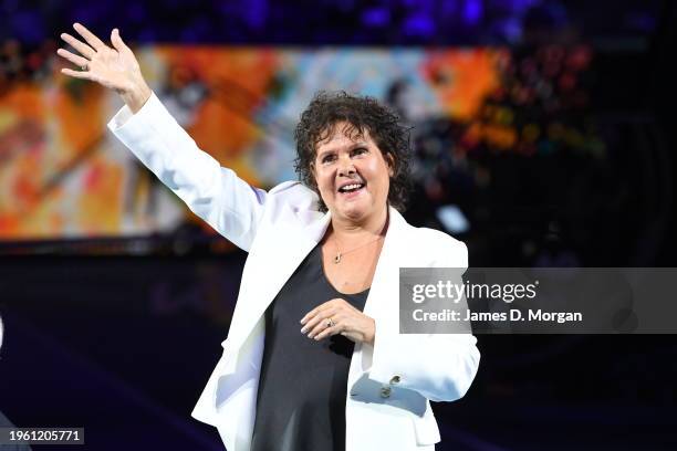 Evonne Goolagong Cawley acknowledges the crowd during a special ceremony on Rod Laver Arena announcing that from 2025 the Australian Open’s annual...