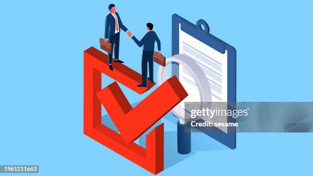 integrity, commitment or contract, completion of business collaboration, completion of project inspection and delivery of work, mutual trust and responsibility, isometric businessman standing on checkbox shaking hands - deed stock illustrations