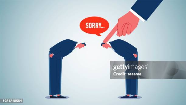 forced to apologize, or say sorry to each other, rude unrepentant, huge index finger pressed against the head of a businessman apologizing to another businessman - taking a bow stock illustrations