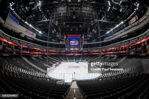 Pre-game view of arena preparations before the Edmonton Oilers take on the Chicago Blackhawks at Rogers Place on January 25, 2024 in Edmonton,...