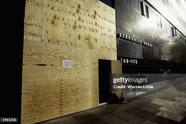 The boarded up Lockheed Martin Headquarters April 30, 2003 in London. The building which is offices of the US aircraft and weapons group has been...