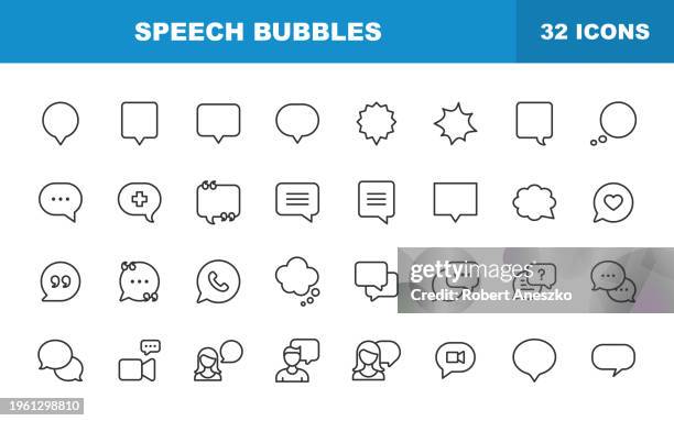 speech bubbles line icons. editable stroke. contains such icons as chat, comment, contact us, customer support, faq, marketing, quote, social media, support, text messaging. - social media template stock illustrations