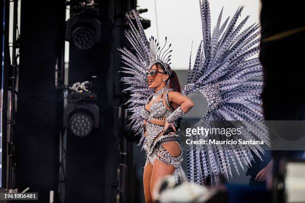 Brazilian singer Anitta performs on stage during her show Carnaval da Anitta 2024 at Memorial da America Latina on January 25, 2024 in Sao Paulo,...
