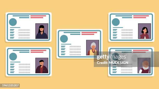 id card with man, woman, grandmother, grandfather, grandchild photo. - drivers-license-cartoon stock illustrations