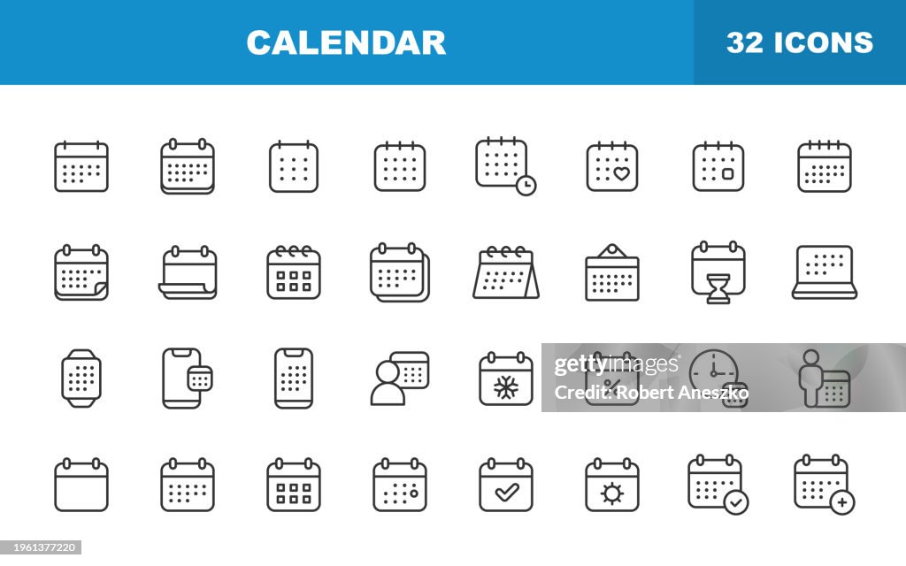 Kalenderzeilen-Symbole. Bearbeitbarer Strich. Enthält Symbole wie Termin, Datum, Frist, Feiertag, Besprechung, Büro, Plan, Zeitplan, Zeitmanagement.