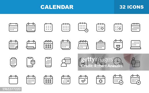 Kalenderzeilen-Symbole. Bearbeitbarer Strich. Enthält Symbole wie Termin, Datum, Frist, Feiertag, Besprechung, Büro, Plan, Zeitplan, Zeitmanagement. Kalenderzeilen-Symbole. Bearbeitbarer Strich. Enthält Symbole wie Termin, Datum, Frist, Feiertag, Besprechung, Büro, Plan, Zeitplan, Zeitmanagement.