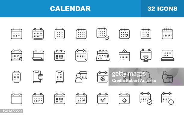 illustrazioni stock, clip art, cartoni animati e icone di tendenza di icone della linea del calendario. tratto modificabile. contiene icone quali appuntamento, data, scadenza, vacanza, riunione, ufficio, piano, pianificazione, gestione del tempo. - calendario