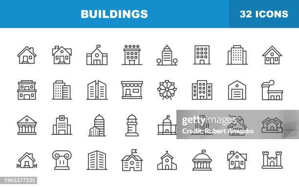 ilustraciones, imágenes clip art, dibujos animados e iconos de stock de iconos de línea de edificios. trazo editable. contiene iconos como edificio, arquitectura, construcción, bienes raíces, casa, hogar, escuela, hotel, iglesia, castillo. - bloque de oficinas