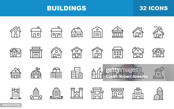 buildings line icons. editable stroke. contains such icons as building, architecture, construction, real estate, house, home, school, hotel, church, castle. - construction icons stock illustrations