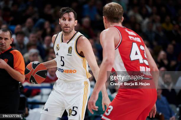 Rudy Fernandez of Real Madrid and Luke Sikma of Olympiacos Piraeus in action during the Turkish Airlines EuroLeague Regular Season Round 23 match...