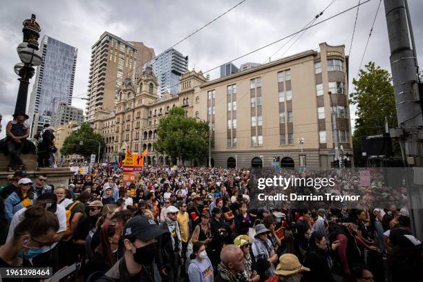 People gather on the steps of Parliament House to rally in support of Invasion Day on January 26, 2024 in Melbourne, Australia. Australia Day,...