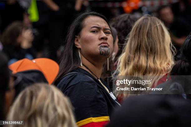 People gather on the steps of Parliament House to rally in support of Invasion Day on January 26, 2024 in Melbourne, Australia. Australia Day,...