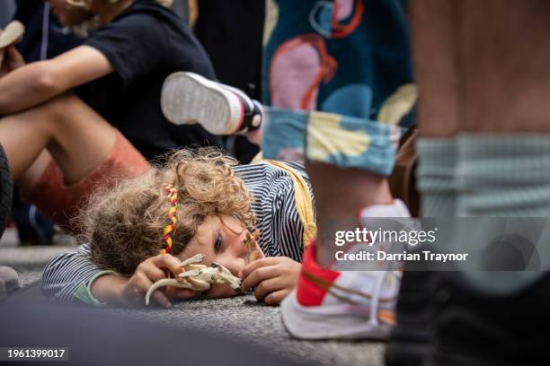 Young child plays with toy kangaroos as people gather on the steps of Parliament House to rally in support of Invasion Day on January 26, 2024 in...