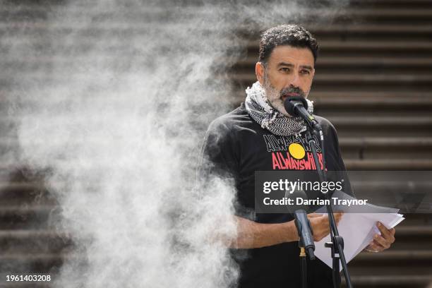 Nasser Mashni speaks to the crowd gathered at the steps of Parliament House on January 26, 2024 in Melbourne, Australia. Australia Day, formerly...