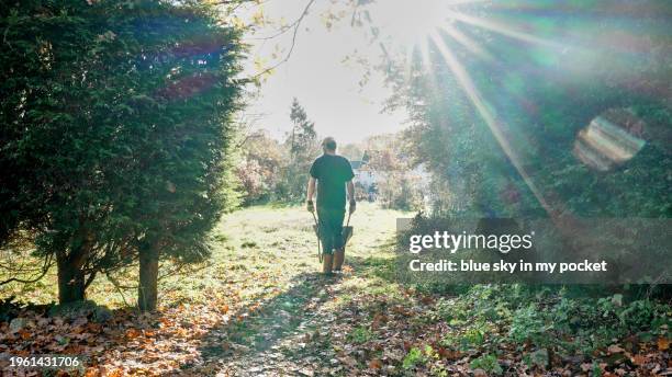 working in the garden pushing a wheelbarrow - older man real life stock pictures, royalty-free photos & images