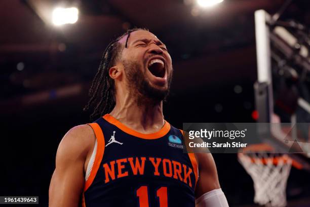 Jalen Brunson of the New York Knicks reacts after scoring during the second half against the Denver Nuggets at Madison Square Garden on January 25,...