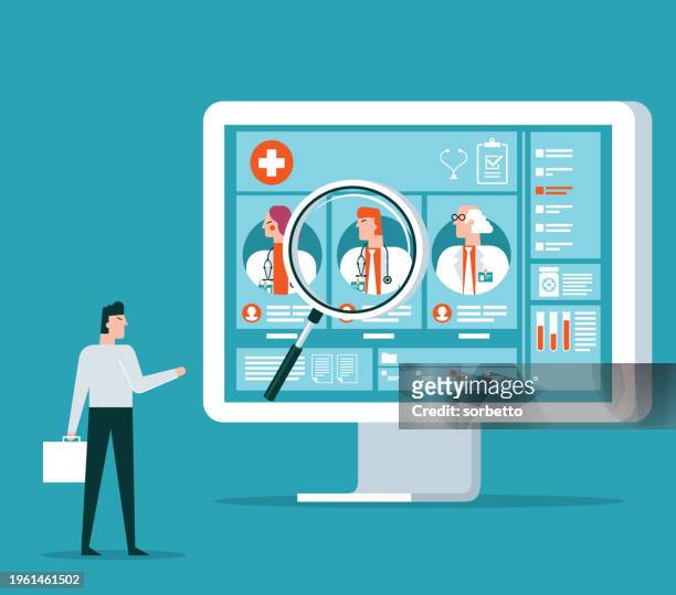 ilustraciones, imágenes clip art, dibujos animados e iconos de stock de businessman chooses doctor - lateral portrait looking mobile
