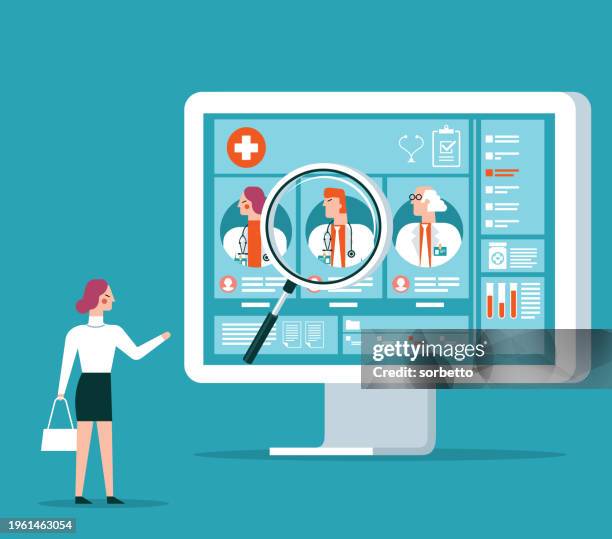 ilustraciones, imágenes clip art, dibujos animados e iconos de stock de businesswoman chooses doctor - lateral portrait looking mobile