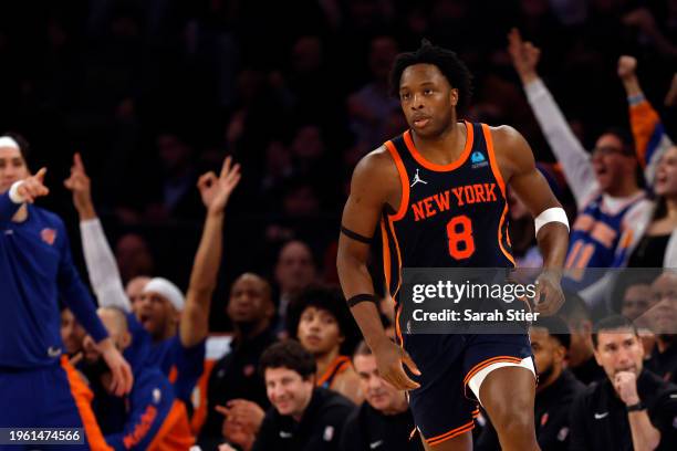 Anunoby of the New York Knicks reacts after scoring during the first half against the Denver Nuggets at Madison Square Garden on January 25, 2024 in...