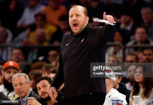 Head coach Tom Thibodeau of the New York Knicks reacts during the first half against the Denver Nuggets at Madison Square Garden on January 25, 2024...