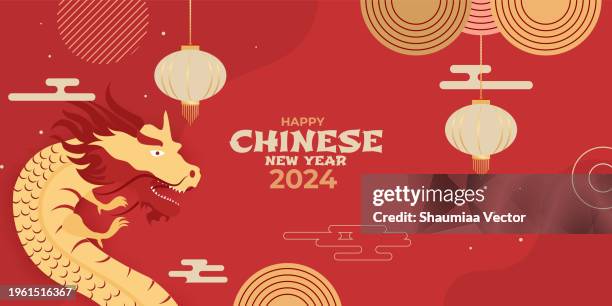 stockillustraties, clipart, cartoons en iconen met happy chinese new year 2024 year of dragon on red background - yen sign
