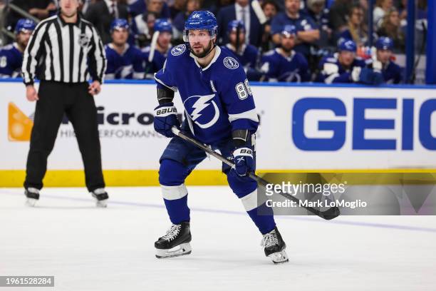 Nikita Kucherov of the Tampa Bay Lightning against the Arizona Coyotes during the second period at Amalie Arena on January 25, 2024 in Tampa, Florida.