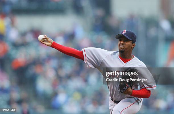 Starting pitcher Pedro Martinez of the Boston Red Sox throws a pitch during the game against the Baltimore Orioles at Oriole Park at Camden Yards on...