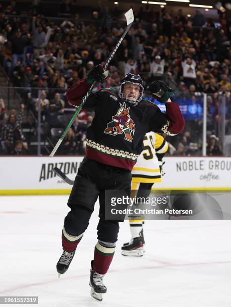 Juuso Valimaki of the Arizona Coyotes celebrates after scoring a goal against the Pittsburgh Penguins during the second period of the NHL game at...