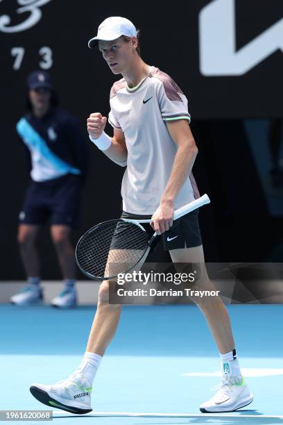 Jannik Sinner of Italy celebrates winning the first set in their Semifinal singles match against Novak Djokovic of Serbia during the 2024 Australian...