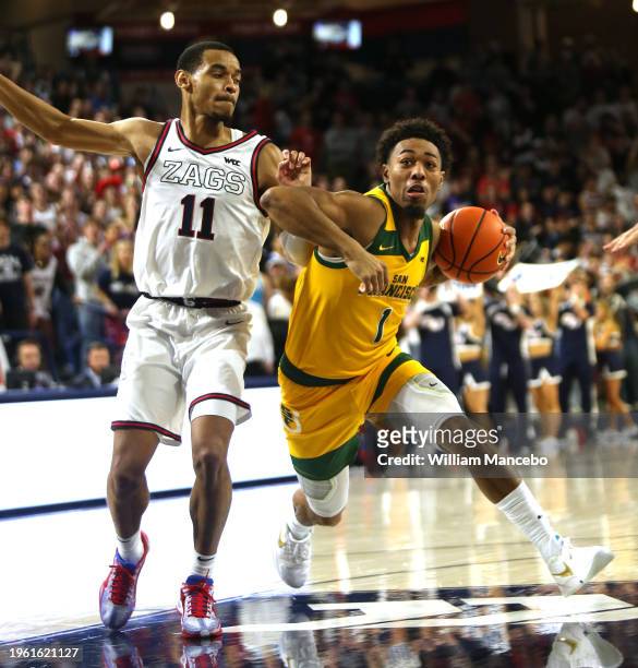 Malik Thomas of the San Francisco Dons drives against Nolan Hickman of the Gonzaga Bulldogs in the second half at McCarthey Athletic Center on...