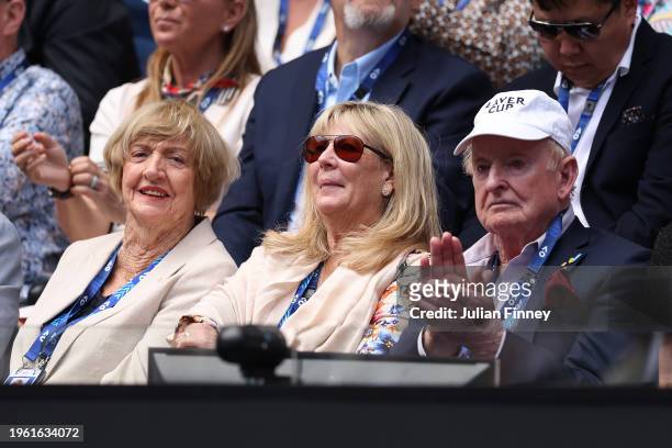 Margaret Court, Susan Johnson and Rod Laver look on during the 2024 Australian Open at Melbourne Park on January 26, 2024 in Melbourne, Australia.