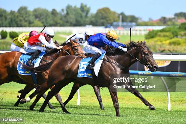 Harry Coffey riding Queman winning Race 5, the W.j. Adams Stakes, during Melbourne Racing at Caulfield Racecourse on January 26, 2024 in Melbourne,...