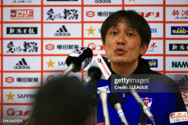 Head coach Fumitake Miura of Albirex Niigata speaks at the post match press conference after the J.League J1 match between Albirex Niigata and Gamba...