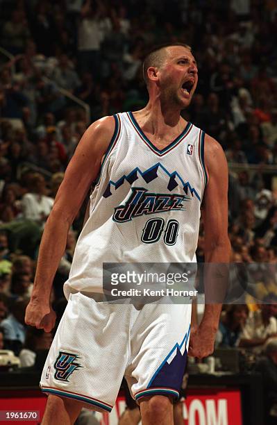 Greg Ostertag of the Utah Jazz yells in Game three of the Western Conference Quarterfinals against the Sacramento Kings during the 2003 NBA Playoffs...