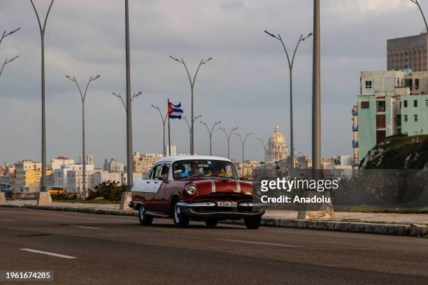 Vintage car is seen on the road in Havana, the capital of Cuba on January 22, 2024. In Cuba, it is common to see a large number of vintage cars from...