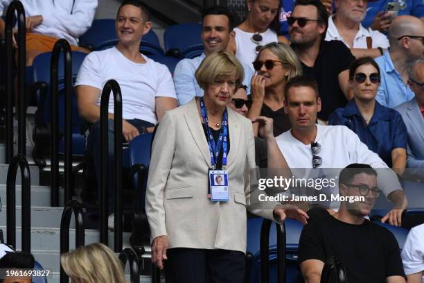 Margaret Court walks to her seat on Rod Laver Arena before watching Novak Djokovic of Serbia in his semifinal singles match against Jannik Sinner of...