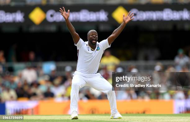 Kemar Roach of the West Indies appeals to the umpire for the wicket of Steve Smith of Australia and is successful during day two of the Second Test...