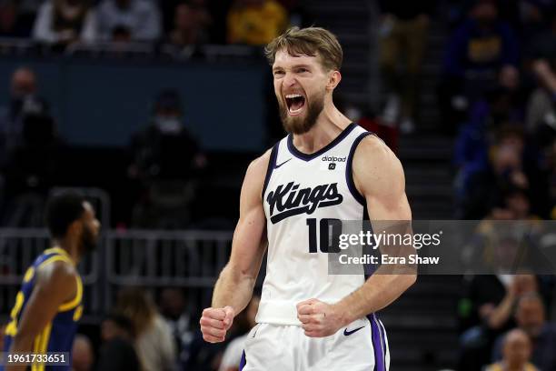 Domantas Sabonis of the Sacramento Kings reacts during their game against the Golden State Warriors at Chase Center on January 25, 2024 in San...