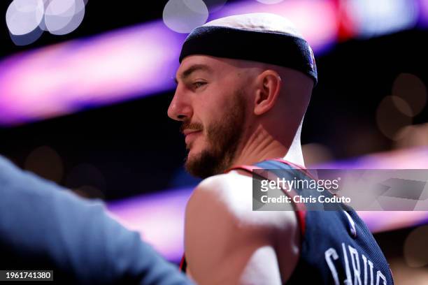 Alex Caruso of the Chicago Bulls walks on the floor during the game against the Phoenix Suns at Footprint Center on January 22, 2024 in Phoenix,...