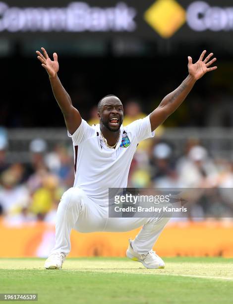 Kemar Roach of the West Indies appeals to the umpire for the wicket of Steve Smith of Australia and is successful during day two of the Second Test...