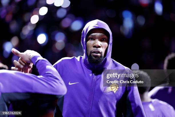 Kevin Durant of the Phoenix Suns is introduced before the game against the Chicago Bulls at Footprint Center on January 22, 2024 in Phoenix, Arizona....