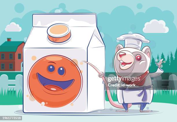 chef mouse presenting with smiley drink carton box - pet clothing stock illustrations